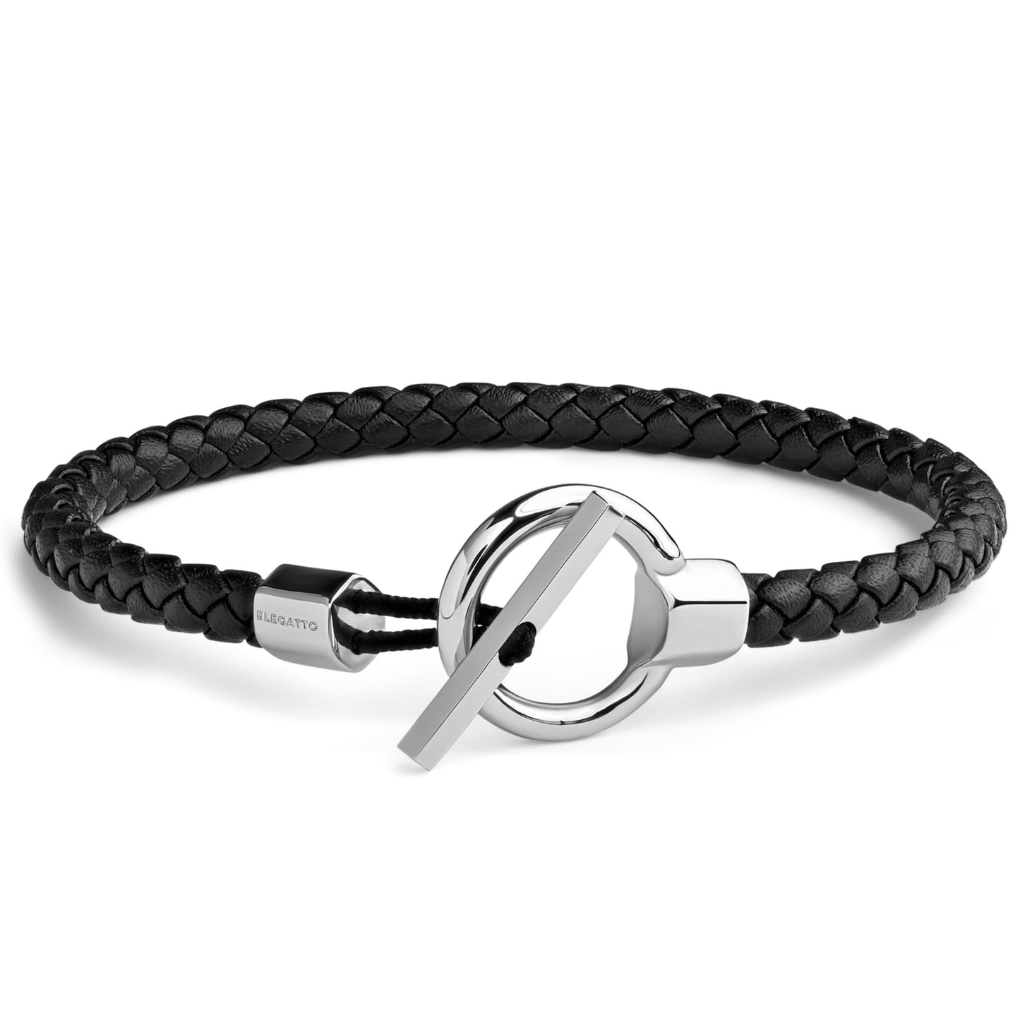 Elegatto Helm Premium Braided Leather Bracelet for Men | Full-Grain Braided Leather with Sterling Silver Polished Stainless Steel Toggle Clasp Closure | Men’s Designer Bracelets | Medium