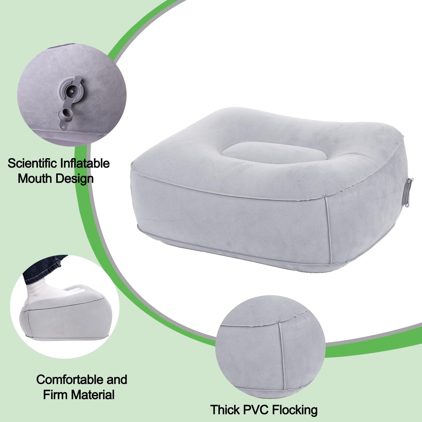 Inflatable Foot Rest for Airplane Travel & Office, Portable Leg Rest Pillow, Elevating Feet for Economy Flight, Home Desk, Car Use - Grey