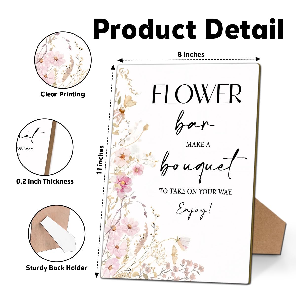 Floral Bloom Bar Sign Wedding Welcome Sign, Bridal Shower Wedding Engagement Bachelorette Party Desk Decorations, 8x11 Inch Wooden Sign with Stand-02