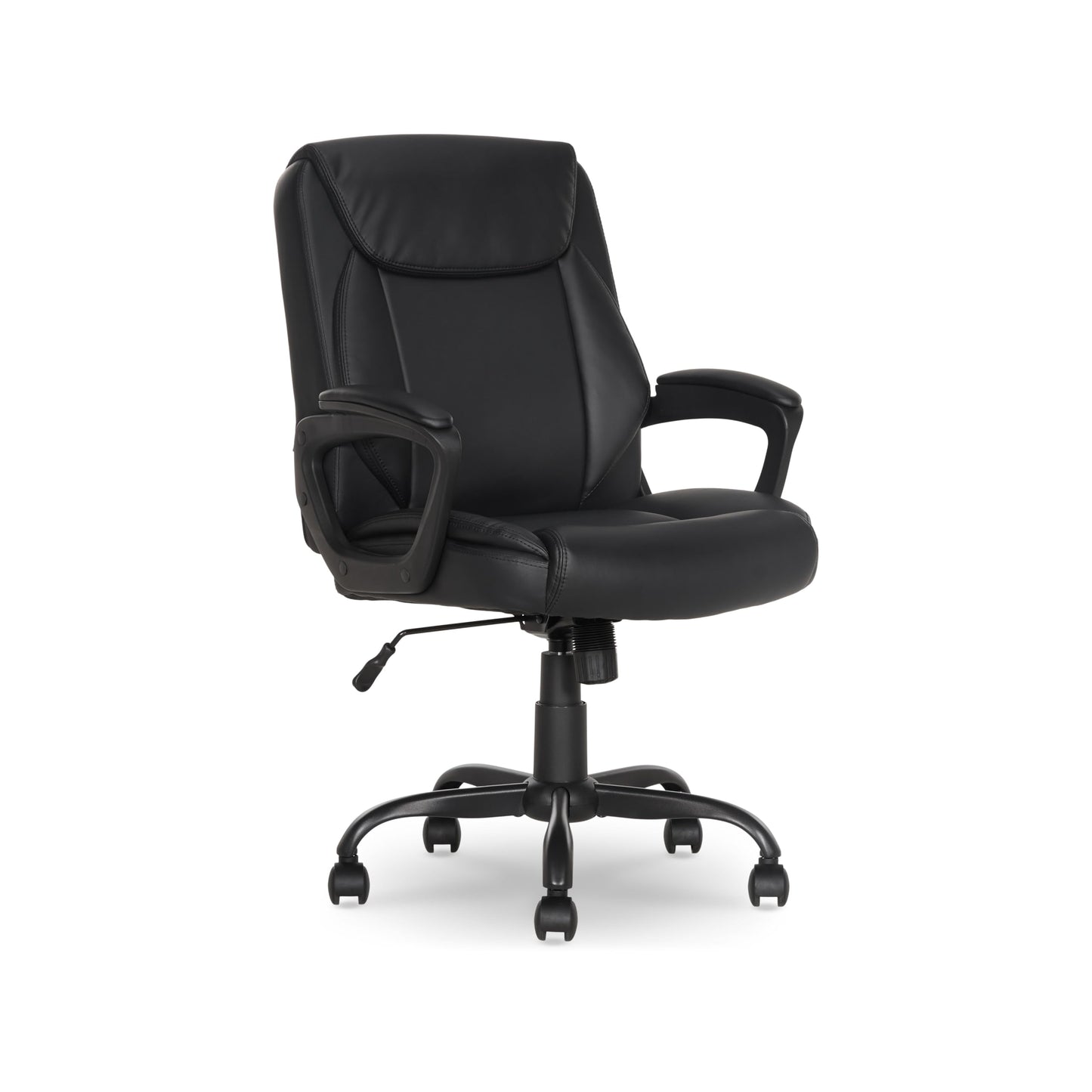 Amazon Basics Classic Puresoft PU Padded Mid-Back Office Desk Chair with Armrest, Easy Assembly, Sturdy Metal Base, Wheels, 275lb Support, 26"D x 23.75"W x 42"H, Black