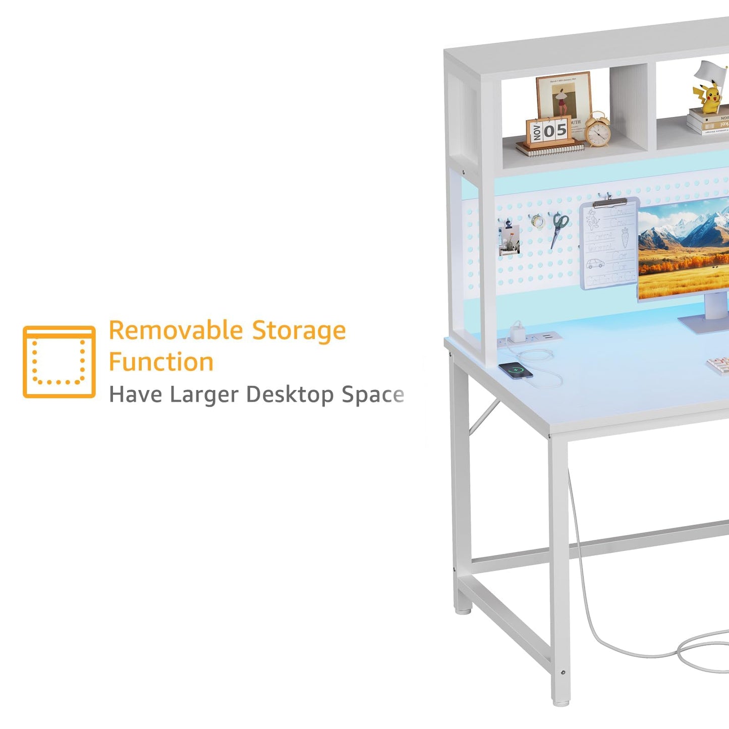 White Gaming Desk with Hutch and Pegboard - Computer Desk with Hutch, Power Outlet, 47 Inch Art Desk with Storage, Hooks, RGB and Side Bag, Writing Modern Study Teen Desks for Girl Bedroom Home Office