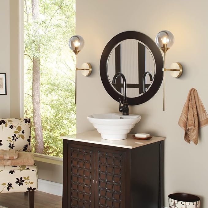 BOKT Brushed Brass Gold Wall Mounted Sconce Set of 2 Mid Century Modern Long Globe Wall Light Fixture Vintage Smoke Gray Glass Wall Sconce Lighting (Smoke Gray)