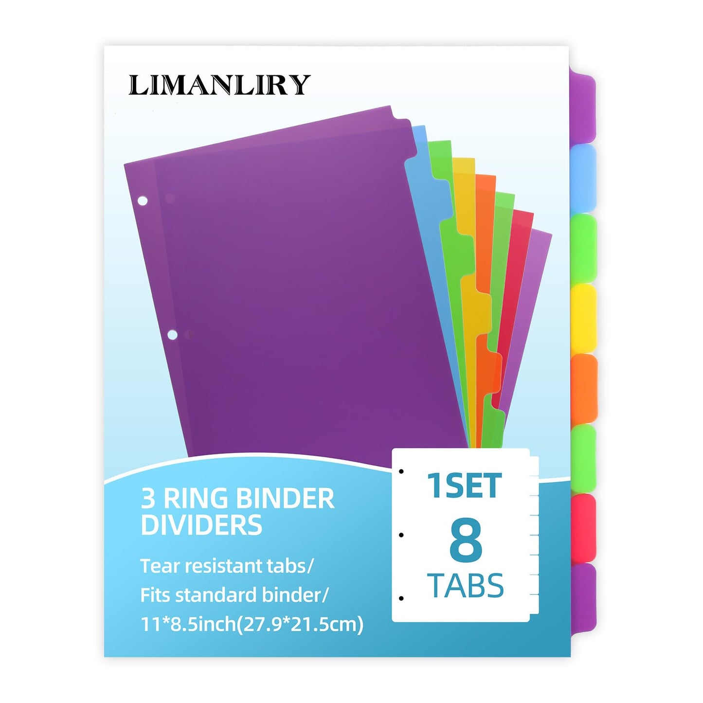 3 Set Plastic Binder Dividers with Tabs,Multicolor Index with 8-Tabs,Divider for 3 Ring Binder