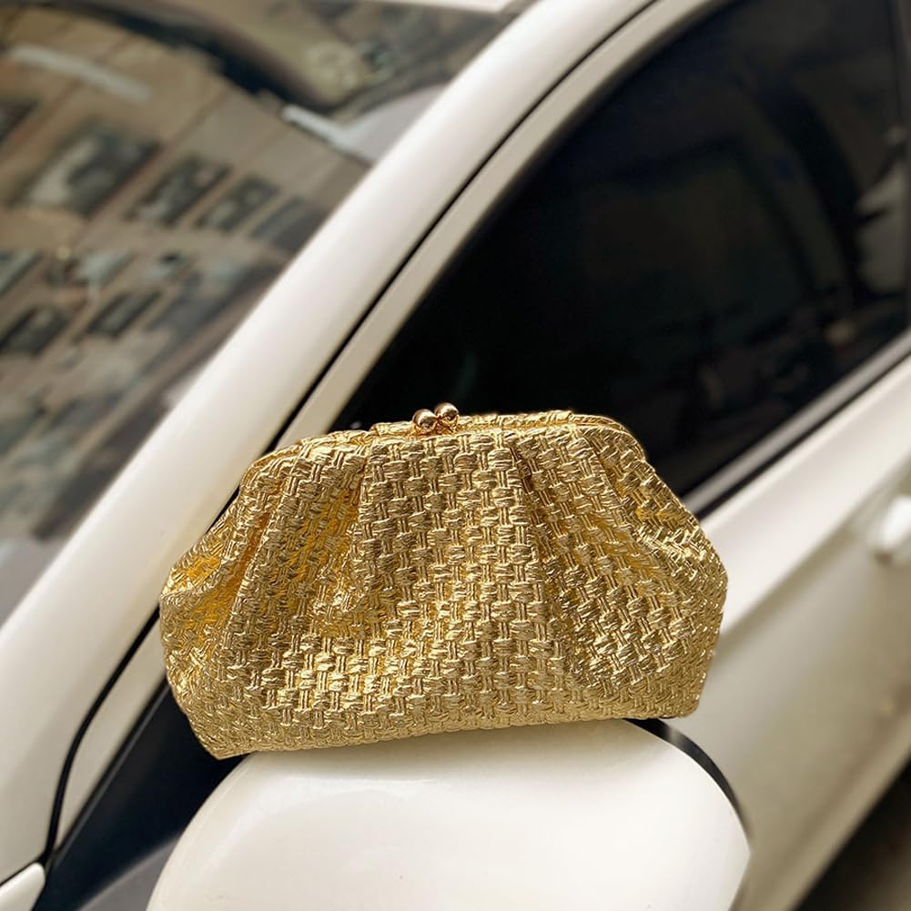 CUXVA Woven Pattern Clutch Purse Ruched Dumpling Evening Bag Chain Strap Handbags Elegant PU Leather Clutch Bag