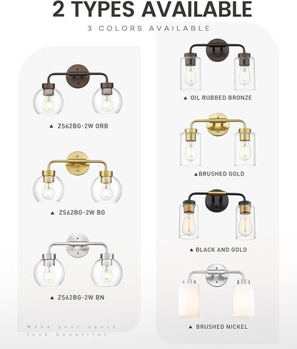 zeyu 2-Light Bathroom Vanity Lights Over Mirror, Farmhouse Globe Bathroom Light Fixtures with Clear Glass Shade, Oil Rubbed Bronze Finish, ZS62BG-2W ORB