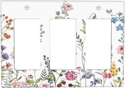 Rustic Wild Floral Vintage Watercolor Flower Triple Rocker/Decora Wall Plate 3 Gang Light Switch Outlet Cover Plate Decorative Switchplate Electrical GFCI Faceplate for Kitchen Bedroom Decor