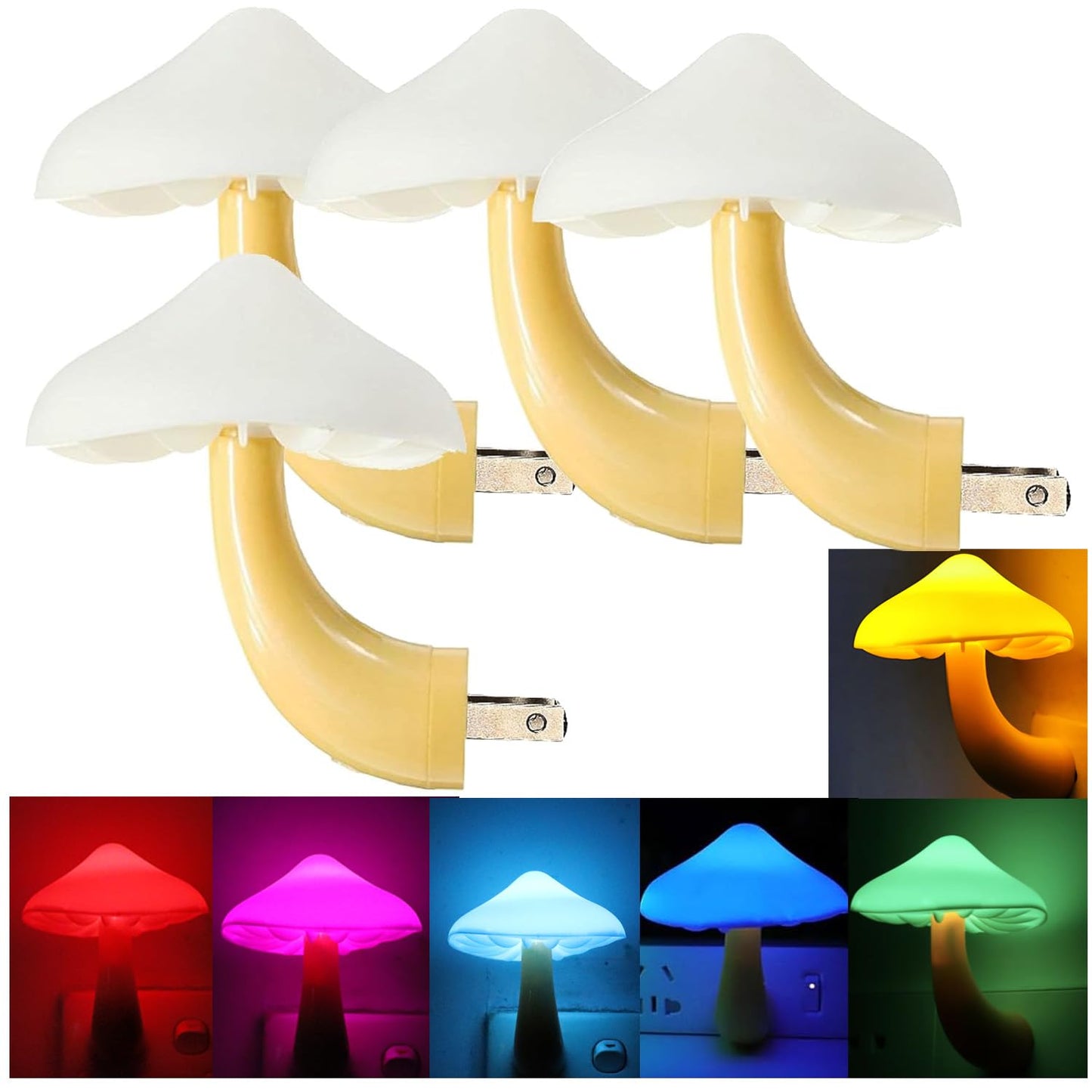 AUSAYE 4 Pack Mushroom Night Light Plug in Sensor Light, Color Changing Lamp LED Nightlights for Kids, Adults, Bedroom, Bathroom,Hallway, Stairs, Kitchen