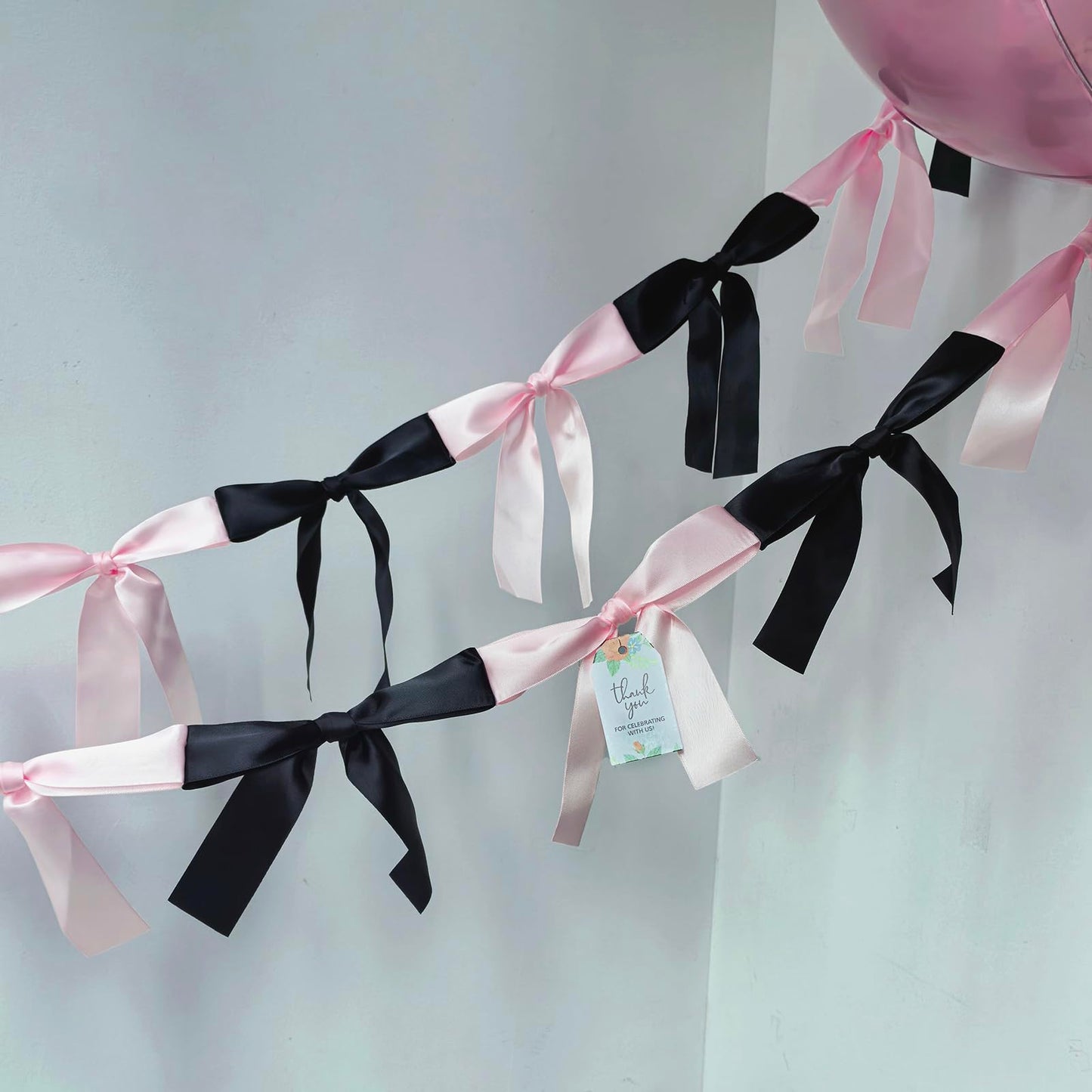 Eanjia Pink & Black Satin Bow Garland 6FT | Coquette & Cowgirl Birthday Banner, Pre-Tied Ribbon Bow Knot Decoration for Girls, Bridal Shower, Baby Room & Party Backdrop Decor