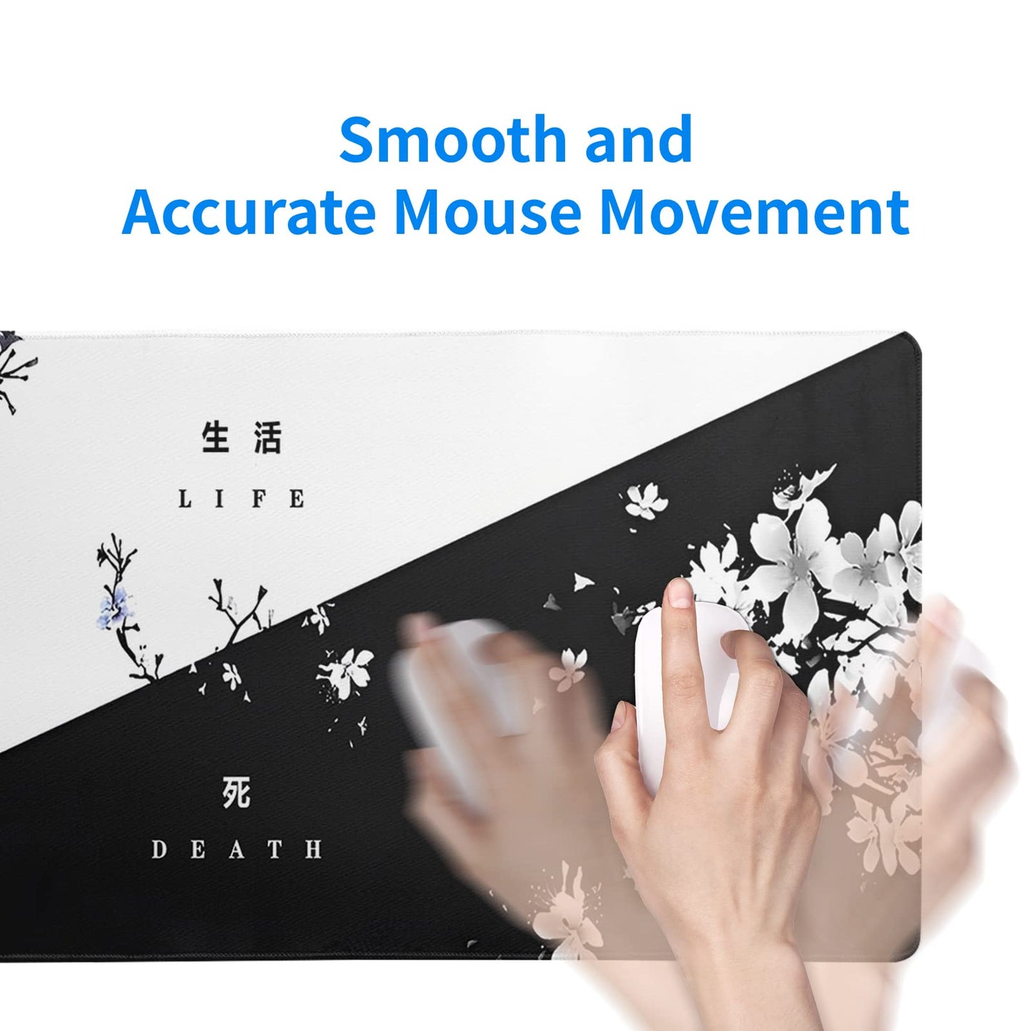Black and White Japanese Cherry Blossom Gaming Mouse Pad Sakura Death Life Flower Mat 31.5x11.8 Inch Texture Non-Slip Rubber Base Mousepad Stitched Edges Keyboard Desk Pad for Office Home Game