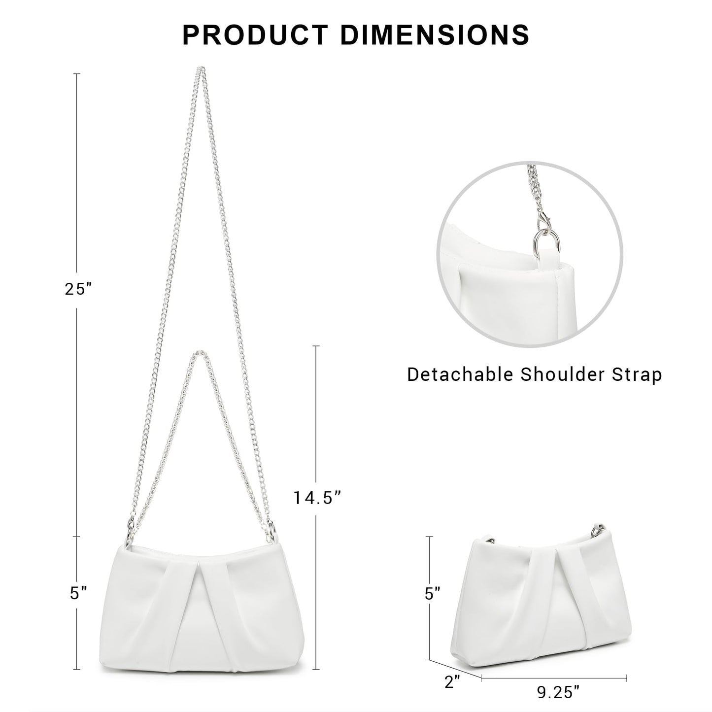 Dasein Elegant Pleated Evening Bag Soft Vegan Leather Clutch Purse Dressy Formal Handbag with 2 Chain Straps for Women (White)