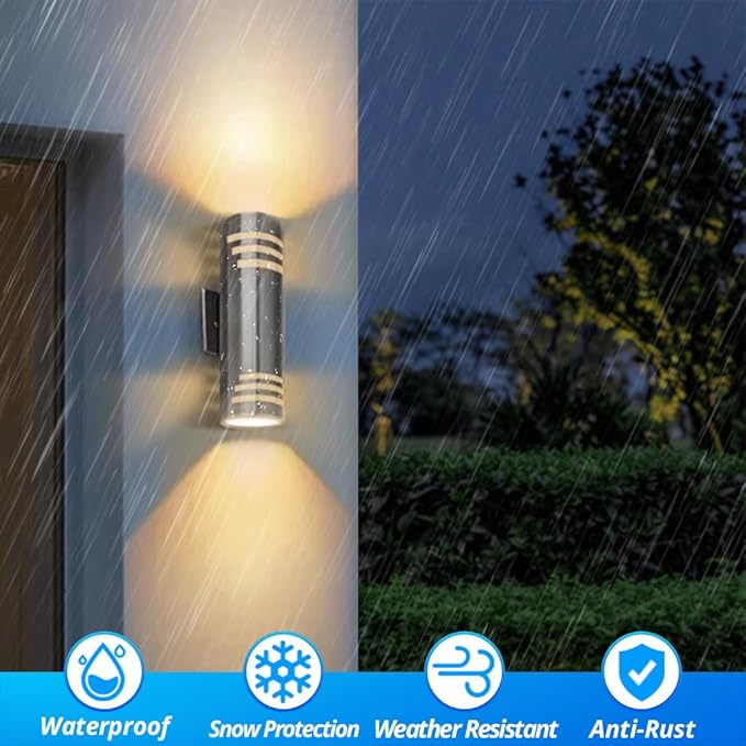 SHIMR Modern Outdoor Wall Lights Dusk to Dawn 2 Pack, Exterior Lighting Fixtures Stainless Steel with Brushed Nickel Finsh, Waterproof Up and Down Outside Lights for House, LED Bulbs Include