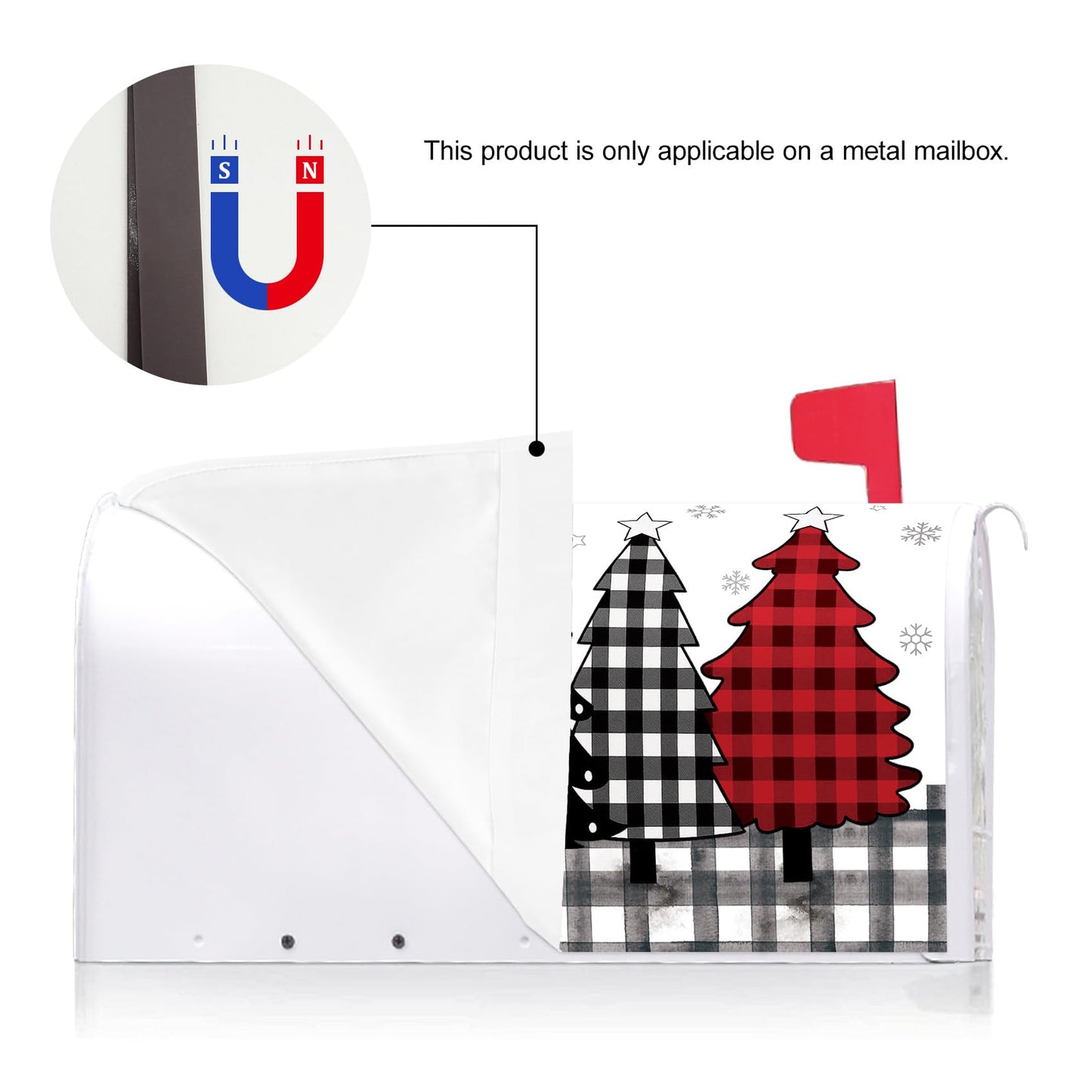 Texupday Buffalo Plaid Christmas Tree Mailbox Cover with Magnetic Strip Winter Holiday Snowflakes Mailbox Wraps Post Letter Box Cover Standard Size 21" X 18" for Garden Outdoor Yard Decor