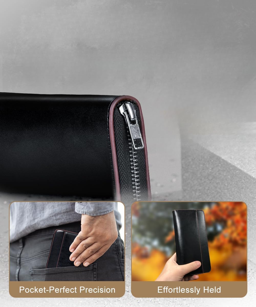 Plinvo Men's Long Genuine Leather Wallet Large Capacity Zippered Pouch with Coin Purse Stylish and Unisex Black (Blue)