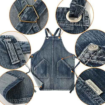 Jeanerlor Denim Cross Back Apron Acid Washed With Pockets for Hair Stylist