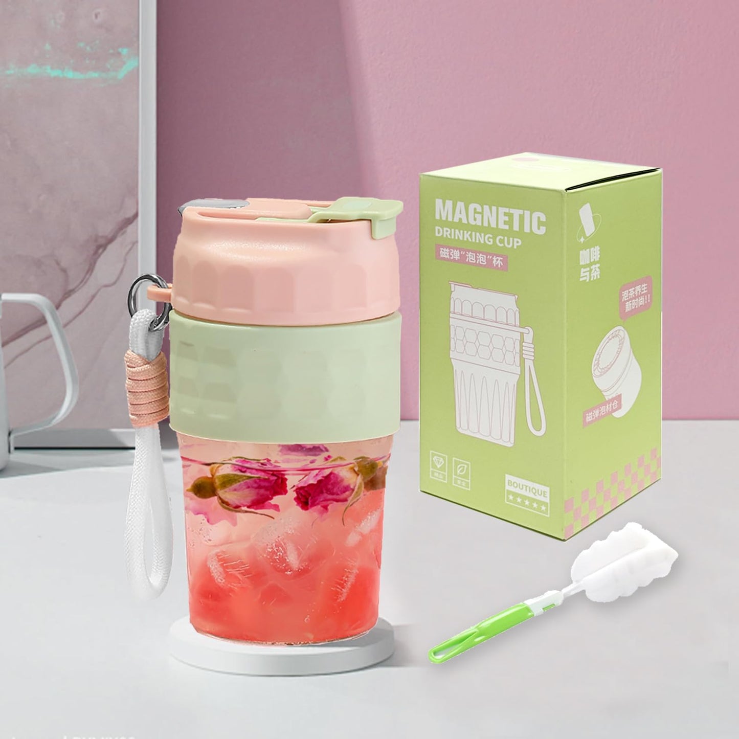 Toycol Portable Glass Bottle with Magnetic Tea Infuser, 18 OZ Water Cup with Removable Carry Strap & Insulation Sleeve, One Button Brewing for Loose Leaf Tea, Great Gift Idea for Women (Pink)