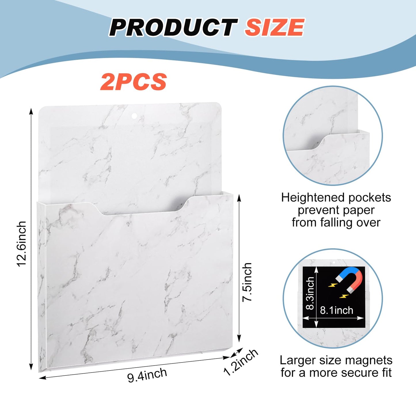 MotiMind 2 Pcs Magnetic File Holder White Marble Design Magazine Storage Wall Refrigerator Organizer Office Supplies Magnetic Paper Holder for Document Mail Magazine Letters Notebooks Organization