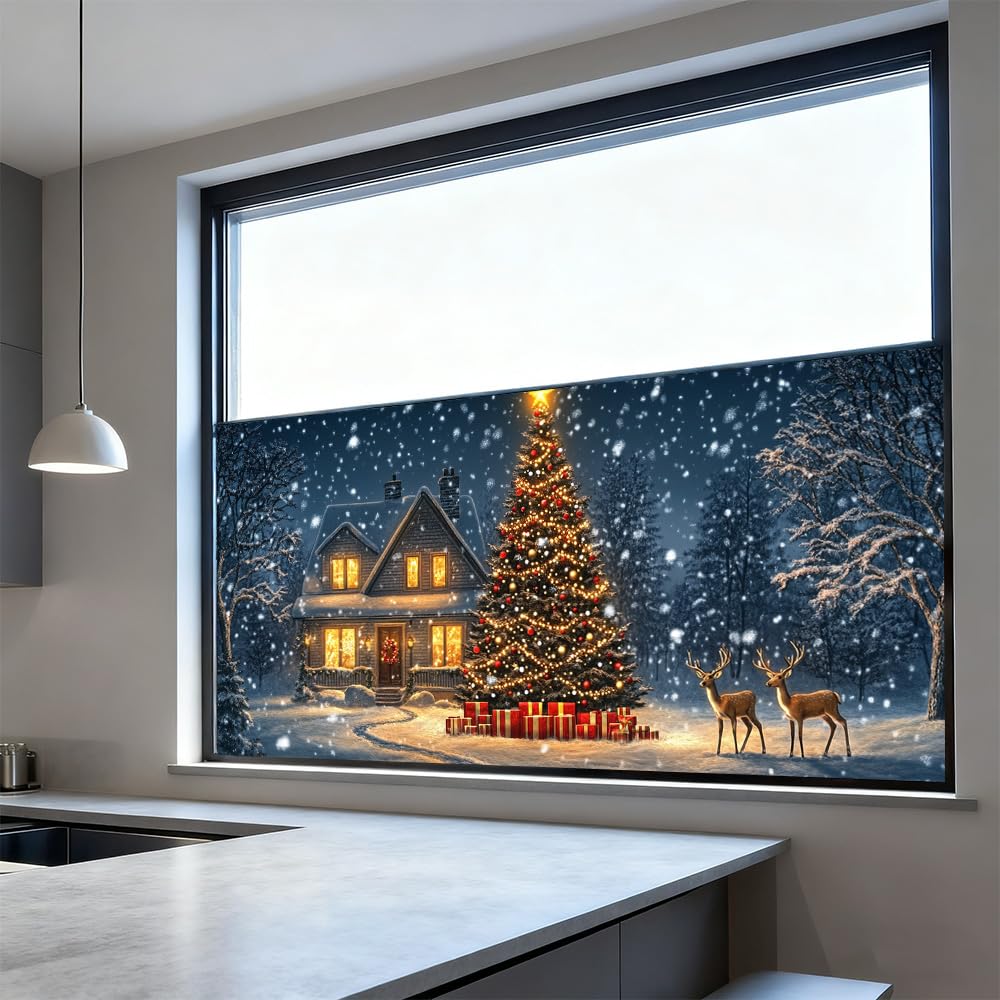 WDESYADMS Window Film 39X17 Inch PVC Winter Christmas Tree House Scene Decorative Window Film for Seasonal Privacy and Holiday Glass Decoration