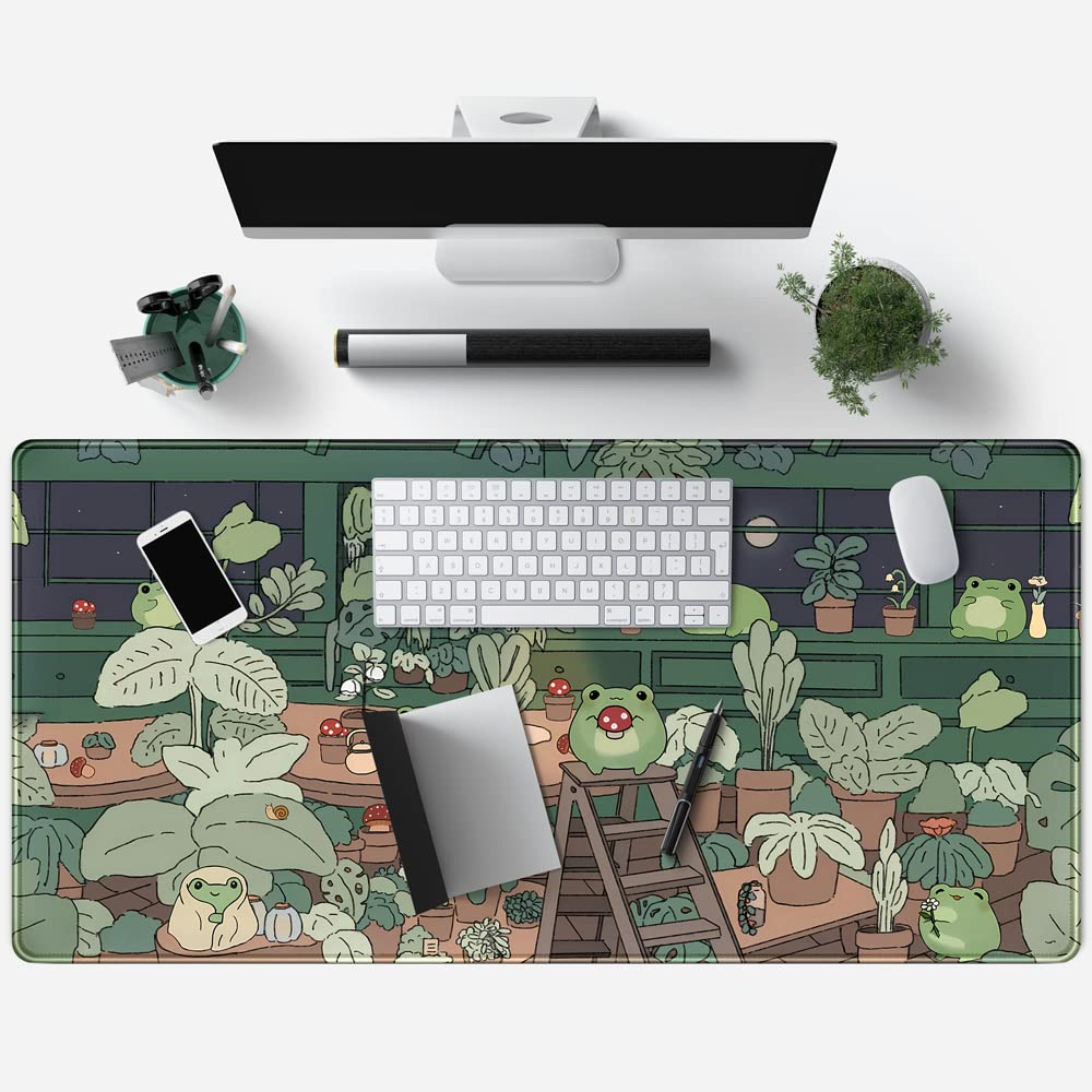 Cute Frog Mouse Pad Desk Pad Kawaii Green Desk Decor Mat, Large Gaming Mouse Pad for Desk Computer Keyboard Laptop, Home Office Accessories for Girl (31.5x15.7 in)-with Stitched Eges Pad