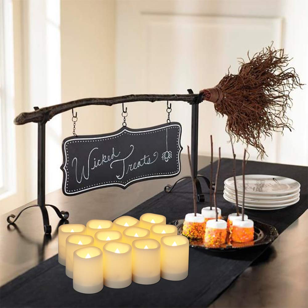DRomance Outdoor Waterproof Flameless Votive Candles with Timer, Battery Operated LED Tealight Flickering Candles Warm Light Set of 12 Wedding Party Decor Plastic Candle(1.5 x 2 Inches)