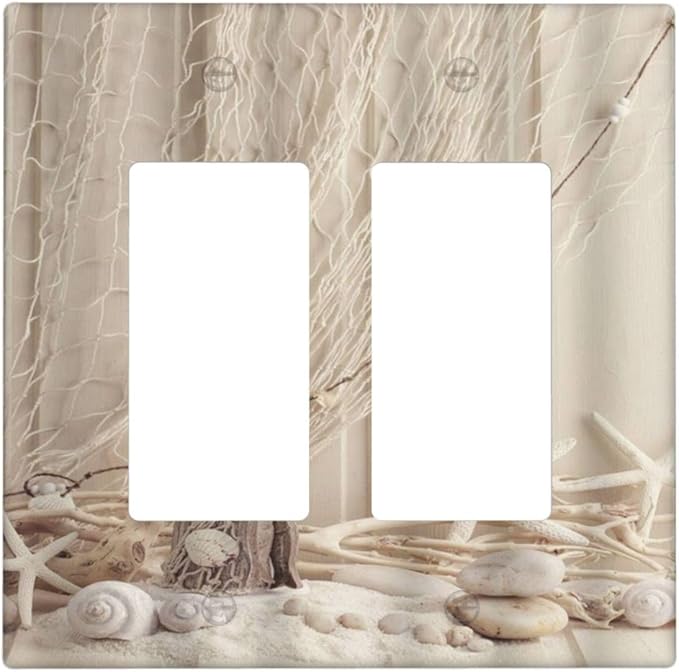 Nautical Coastal Double Rocker Light Switch Cover Seashell Fishing Net Ocean Lighthouse Starfish 2 Gang Outlet Wall Plate Decorative GFCI Switchplate Electrical Faceplate Beach Theme Decor
