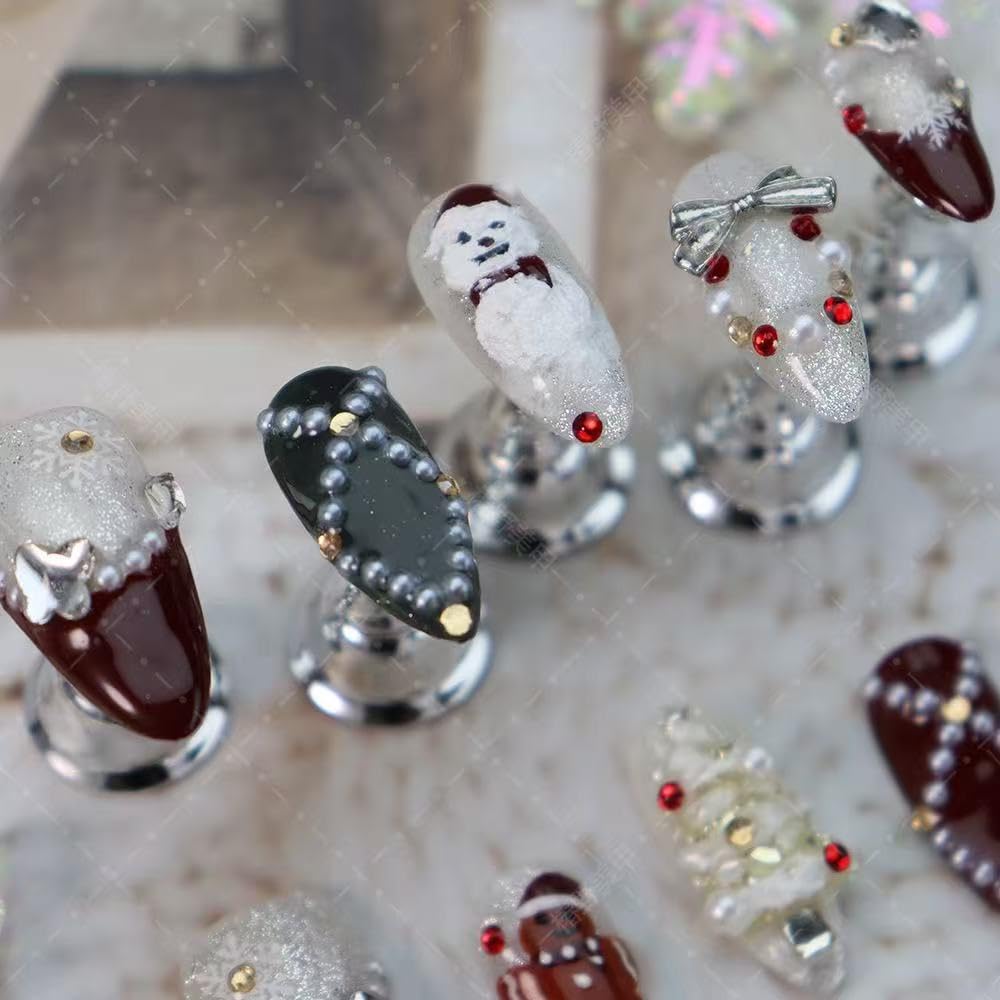 100% Handmade Press on Nails Christmas Press on Nails Medium Almond Shape Dark Red French Tips Snowman Design Rhinestones Christmas Tree Gingerbread Man Wintner Xmas Nails for Women Size M