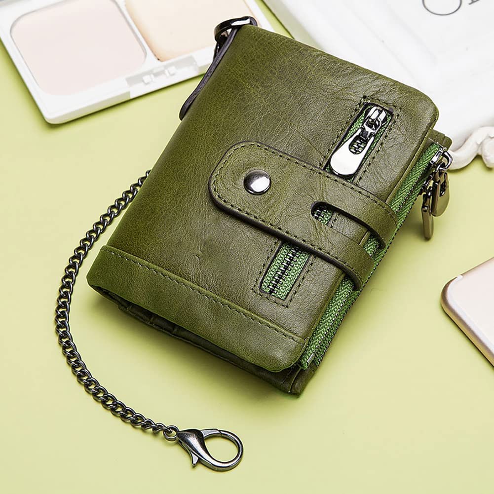 gzcz Men Wallets with Chain Genuine Leather Purse RFID Blocking Minimalist Bifold Wallet with Zipper Coin Pocket ID Window, Green