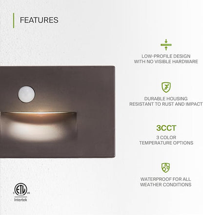 ASD LED Recessed Step Light Fixture, Outdoor & Indoor Tread Lighting | 3CCT, Motion Sensor, Waterproof, ETL Listed | 3W 120LM 3000K-5000K 120V | Staircase Hardwired Illumination | Dark Bronze, 4 Pack