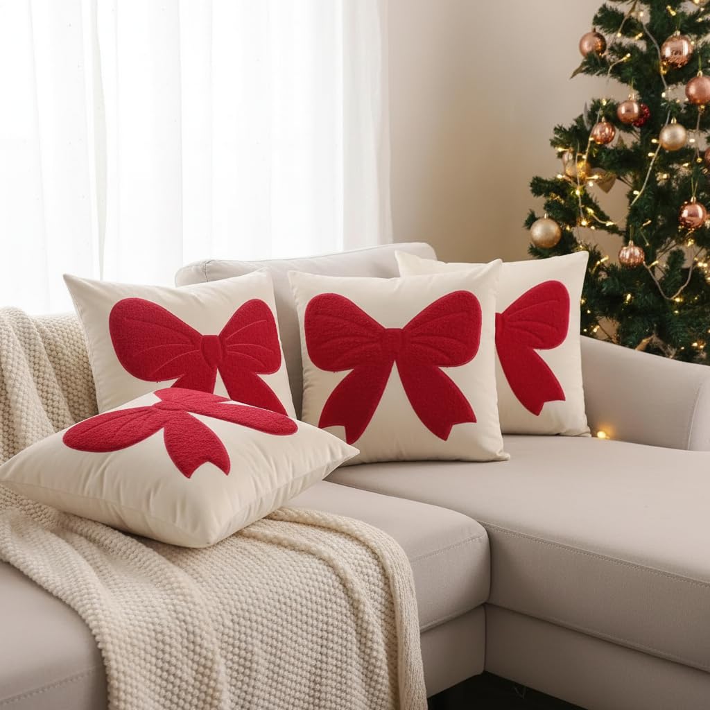 Tosleo Red Bow Pillow Covers 18 x 18 inch Set of 2 Velvet Embroidery Throw Pillow Cover Merry Xmas Party Decor Pillowcase Winter Holiday Cushion Case