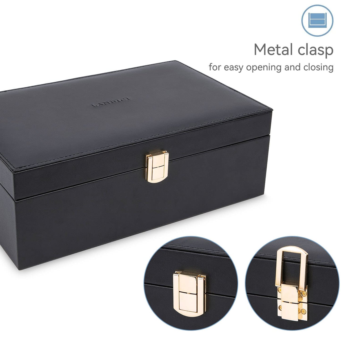 LANDICI Jewelry Box Organizer for Men Women, 2 Layer 4 Slot Watch Storage Case with Removable Tray, PU Leather Large Jewellery Holder Display for Watches Sunglasses Rings Earrings Necklace, Black