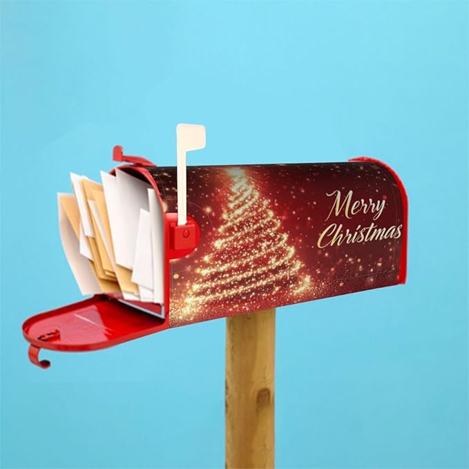 Festive Magnetic Mailbox Cover Red Pine Tree Christmas Pattern Outdoor Mailbox Protector Holiday Seasonal Decorative Garden Yard Home Standard Size 21 x 18 Inch