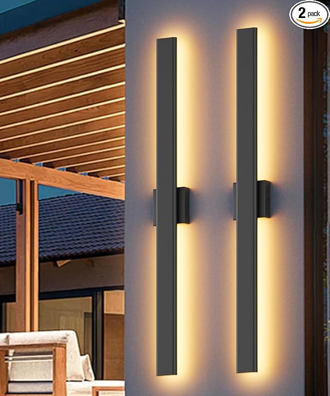 Outdoor Lights 2 Packs,Modern Outdoor Wall Light Fixture Long Strip LED Wall Sconce IP65 Anti Rust 3000K 4000K 6000K Exterior Wall Mount Lights for Entrance, Hallway, Garage, Porch(3CCT)