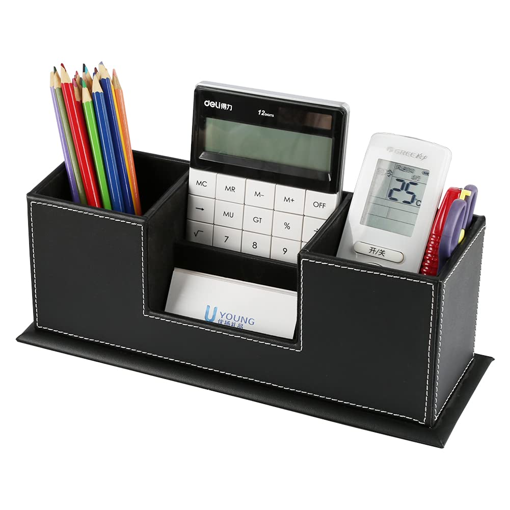 KINGFOM Office Supplies Desk Organizer PU Leather Storage Box 4 Divided Compartments for Pen Business Card Remote Control Mobile Phone Cosmetics Collection Holder (Black)