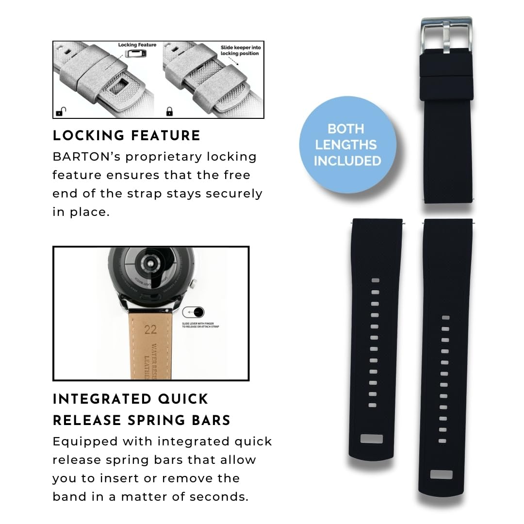 Barton Elite Silicone Watch Band (20mm) | Quick Release Premium Silicone Strap with Stainless Steel Buckle | Compatible with Classic & Smart Watches | Comfortable, Durable, Stylish, Waterproof - Black