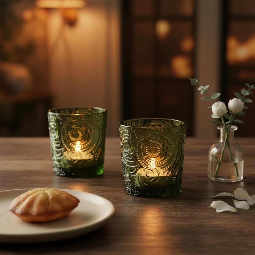 Moss Green Sun Moon Stars Glass Tealight Holders, 12 Pack