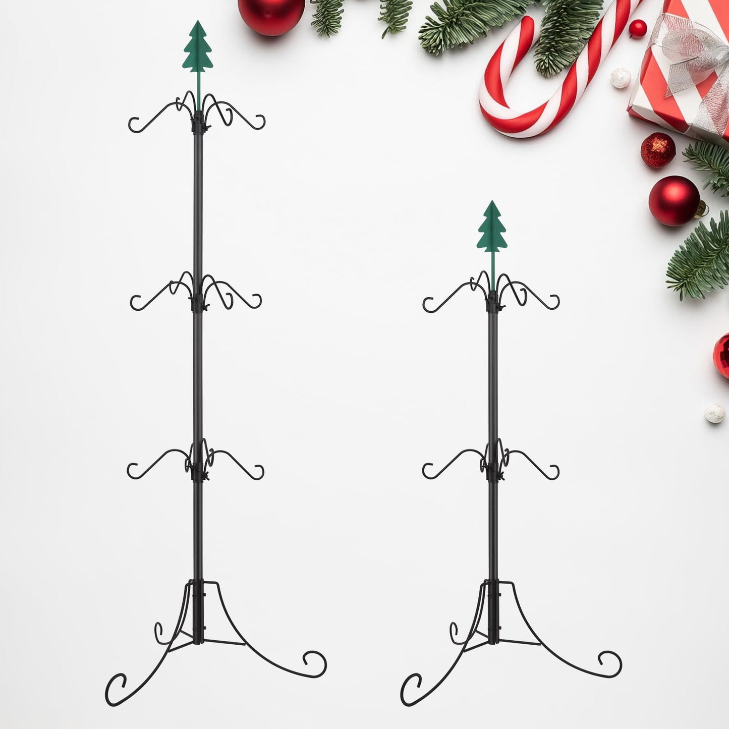 Bvomheez Christmas Stocking Holder Stand, Freestanding Max 62" Height Stand with 12 Hooks, Height Adjustable Metal Hanger with Green Iron Christmas Tree Top, for Christmas Holiday Decoration