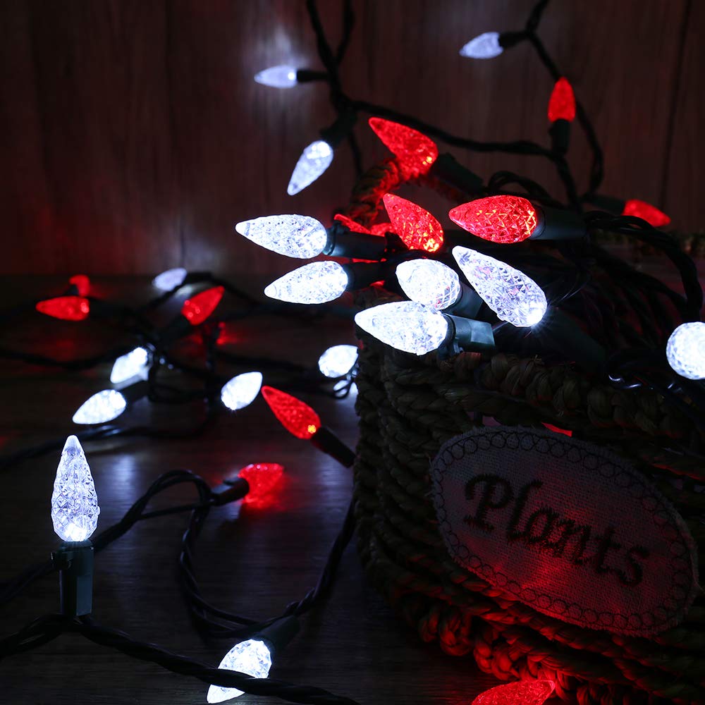 Brizled Red & White C5 Christmas Lights, 33ft 100 LED Christmas Tree Lights, Connectable 120V UL Certified Faceted Xmas Light Outdoor Indoor Xmas Lighting for Christmas Tree Party Roof Decoration