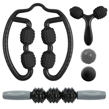 Odoland Massage Set - 360 Trigger Point, Muscle Roller Stick, Y Shaped Handheld, 2 Massage Balls for Legs, Arms - Myofascial & Deep Tissue Pain Relief - Black