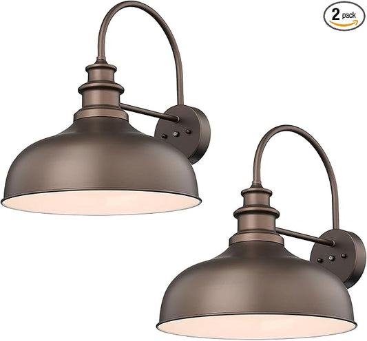 Bestshared Dusk to Dawn Gooseneck Barn Lights 16 Inch Dome Anti-Rust Farmhouse Outdoor Wall Sconce Outside Wall Mount Lighting Fixture Front Door Lantern Lamp for Patio(ORB+White,16” Dome-2Pack)