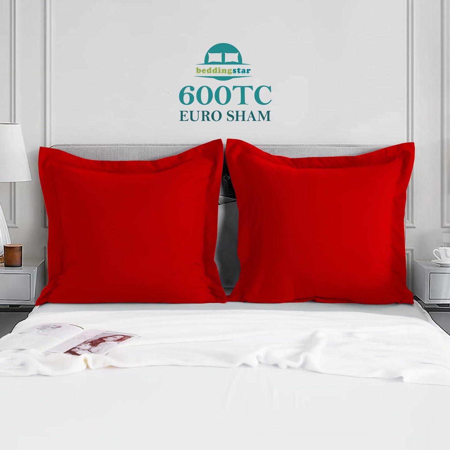Euro Sham Covers 26x26 Set of 2 Red 600 Thread Count 100% Egyptian Cotton Pack of 2 Euro 26x26 Pillow Covers Cushion Cover Cases Soft Skin Friendly European Size Decorative Square Pillow Shams