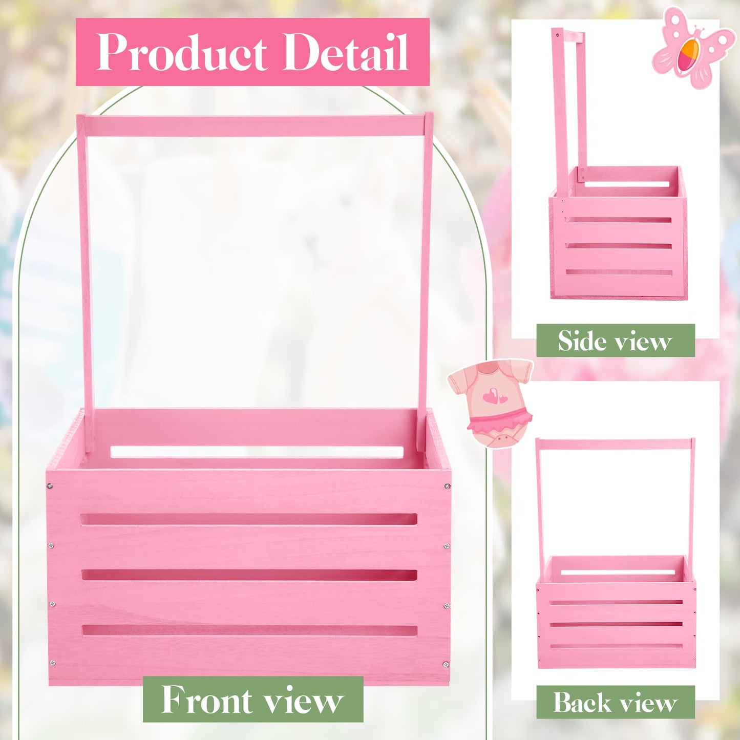 Suzile Wooden Baby Shower Crate Closet Wood Basket for Gifts with Handle Boy Girl Clothes Gender Reveal Storage Box for Newborn New Parent(Pink)