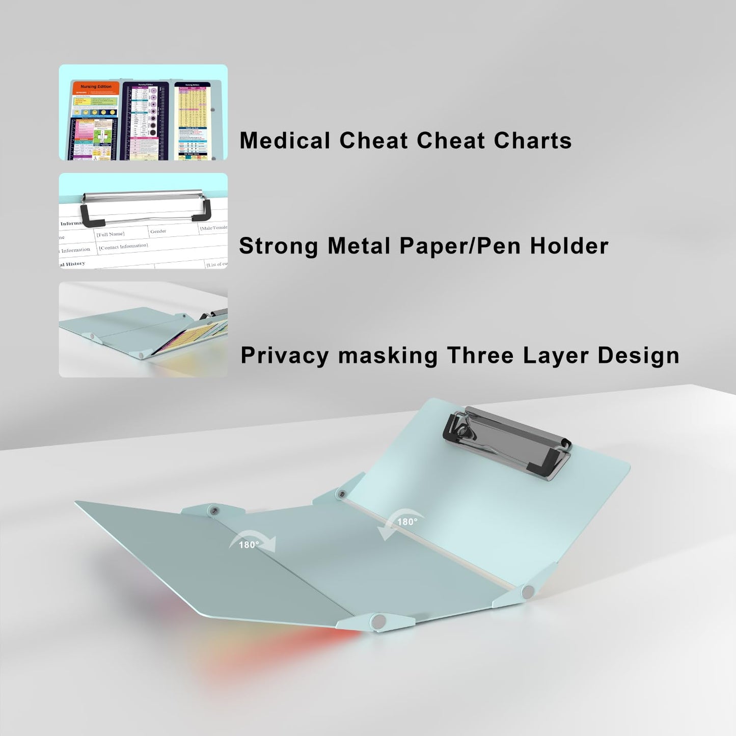 Nursing Clipboard Foldable Pocket Size-Nursing Edition Cheat Sheets Aluminum 3 Layers Foldable Clipboard Nursing Nurse Clipboard Foldable fits in Nurses Doctors(Mint)
