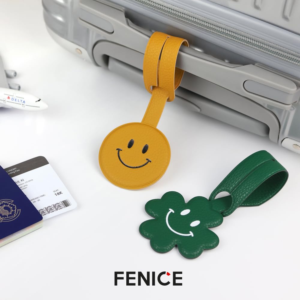 FENICE Vegan PU Leather Smiley Face Clover Shape Name Tag for Suitcase Luggage Travel Bag (RED-Heart)