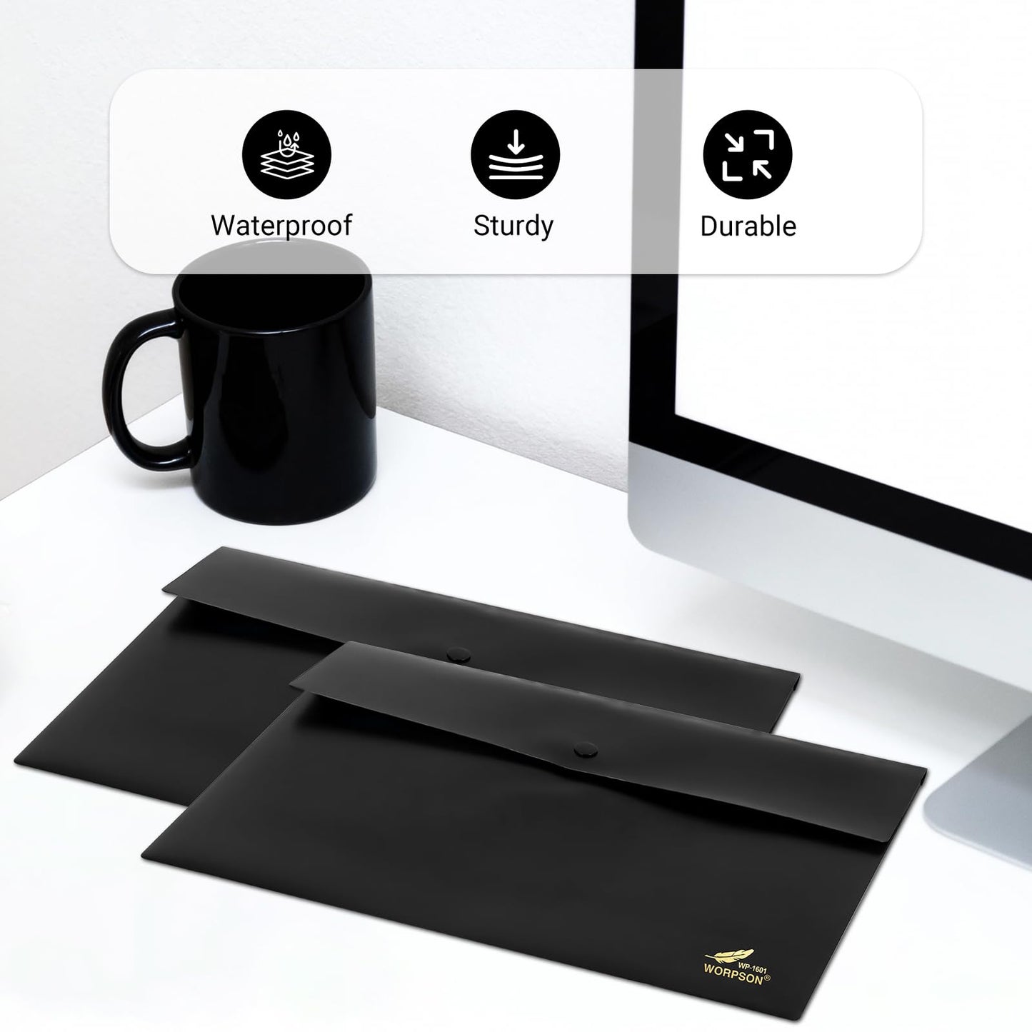 WORPSON Plastic Envelopes Folders 12mil Heavy Duty, for A4 Letter Size Paper, with Snap Closure Pack, Paperwork Plastic Wallets Document Organizer (25 Pack - Black, Horizontal)