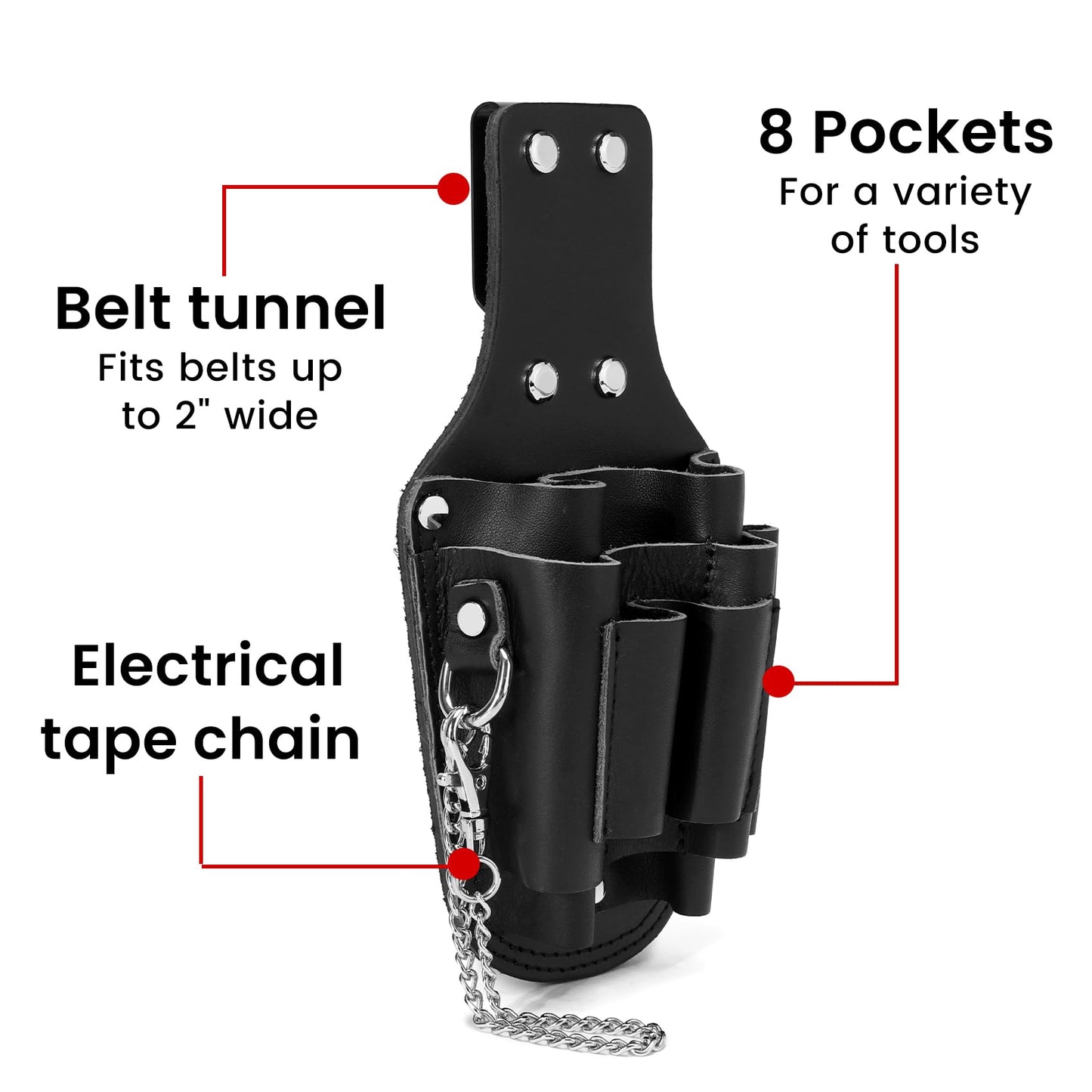 Small Tool Pouch, Genuine Leather Electrician Tool Pouch | 7 Pockets with Metal Tape Chain, Reinforced Rivets, Convenient & Quick Tool Access