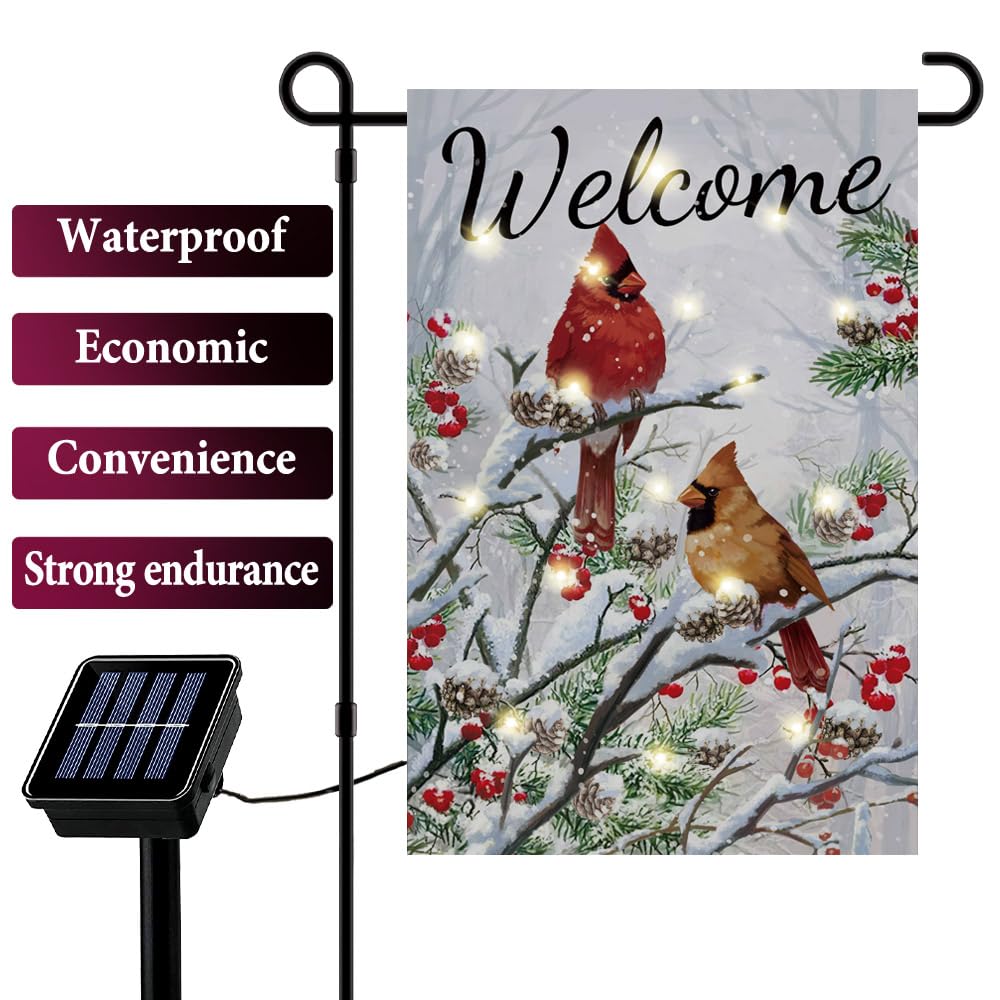 Welcome Cardinal Lighted Garden Flag Winter Double-Sided Solar LED 8 Lighting Modes with 16 Lights Winter Patio Home and Outdoor Decor Christmas Decoration Outdoor Lawn Porch Decoration(Cardinal)