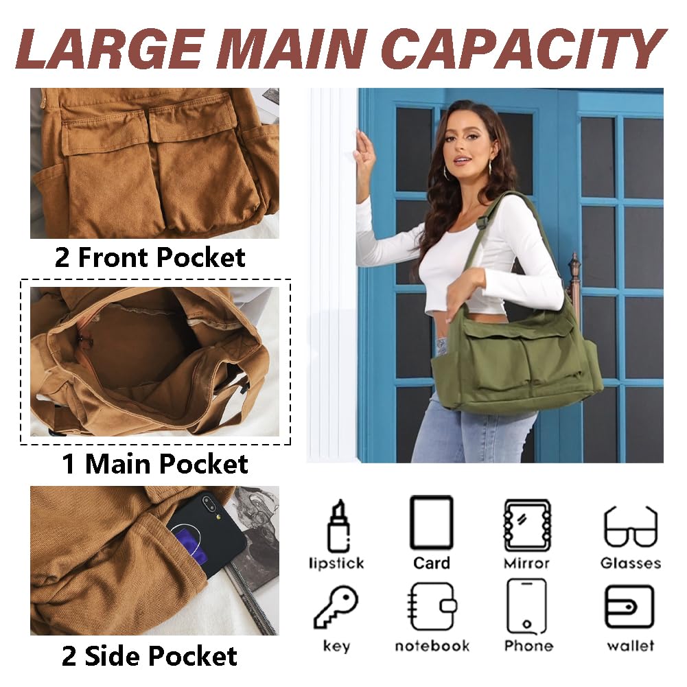 KlaOYer Canvas Messenger Bag Large Hobo Bag Crossbody Shoulder Bag Tote Bag with Pocket for Women and Men (Green)