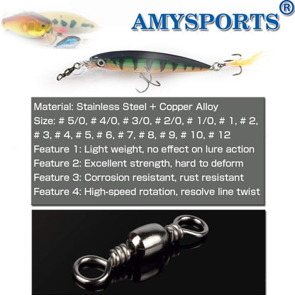 AMYSPORTS High Strength Fishing Swivels - Barrel Solid Ring & Rolling Fishing Tackle Line Connectors - Saltwater & Freshwater - Stainless Steel Accessories - 100pcs - 31lbs