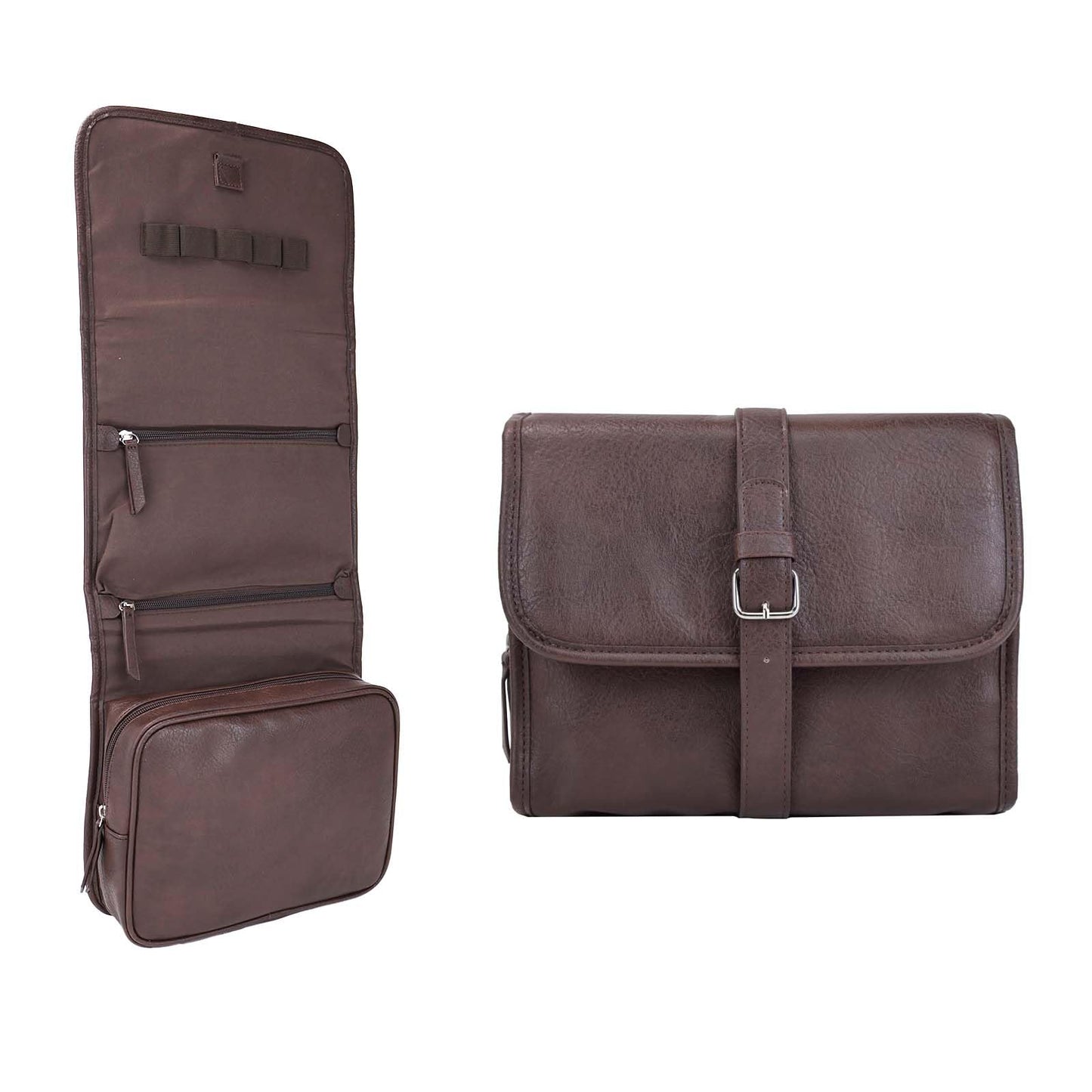 RCFJ b y K L A N D PU Leather Hanging Toiletry Bag for Men, Folding Travel Toiletry Dopp Kit with 4-Layer Organizer, Large Capacity PU Leather Grooming & Shaving Bag, Water Resistant