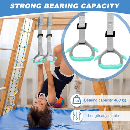 JIANWEI Gymnastics Rings for Kids Home Exercise, Fitness Children Trapeze Bar Pull Up Gym Rings Exercise Strength Training Equipment with Straps ＆ Adjustable Buckle Load-Bearing 40KG