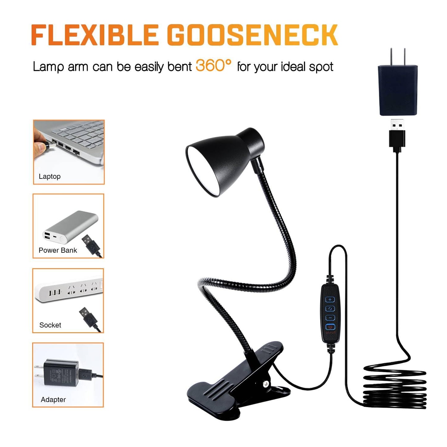 CeSunlight 2 Pack Clip Desk Lamp, Ultra-Flexible Gooseneck Clip Reading Lights, 3000K-6500K Adjustable Color Temperature & Brightness, 6W Eye-Care LED for Office, Study, Bedside(USB Adapter Included)